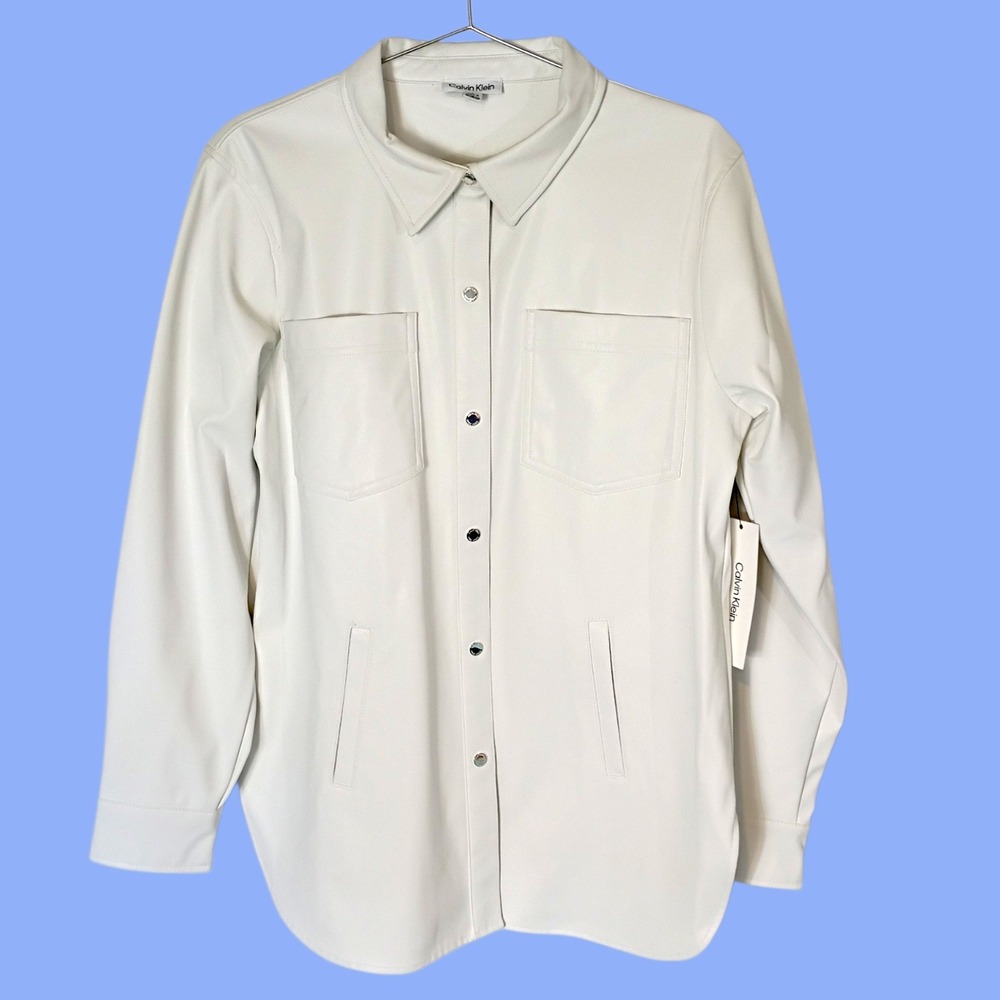 Calvin Klein Vintage Womens Faux Leather Shirt Jacket White Shacket Large NWT